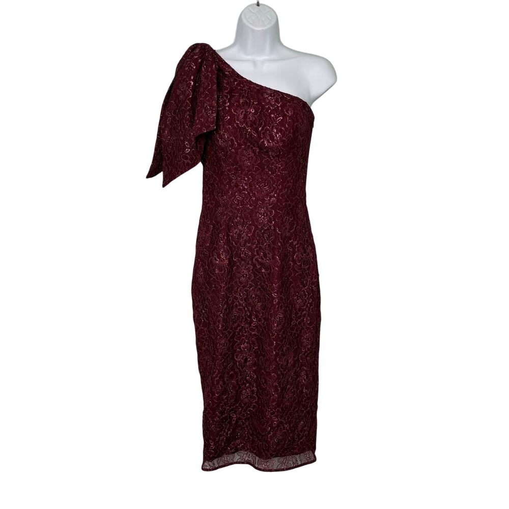 Dress the Population Tiffany One Shoulder Lace Midi Dress in Oxblood S